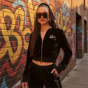 Leo Zodiac Embroidered Velvet Cropped Hoodie w/ Gold Accents by Horoscopez S